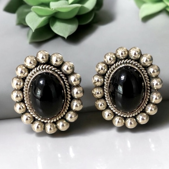 Vintage Taxco Large Sterling Silver Onyx Clip Earrings 55$